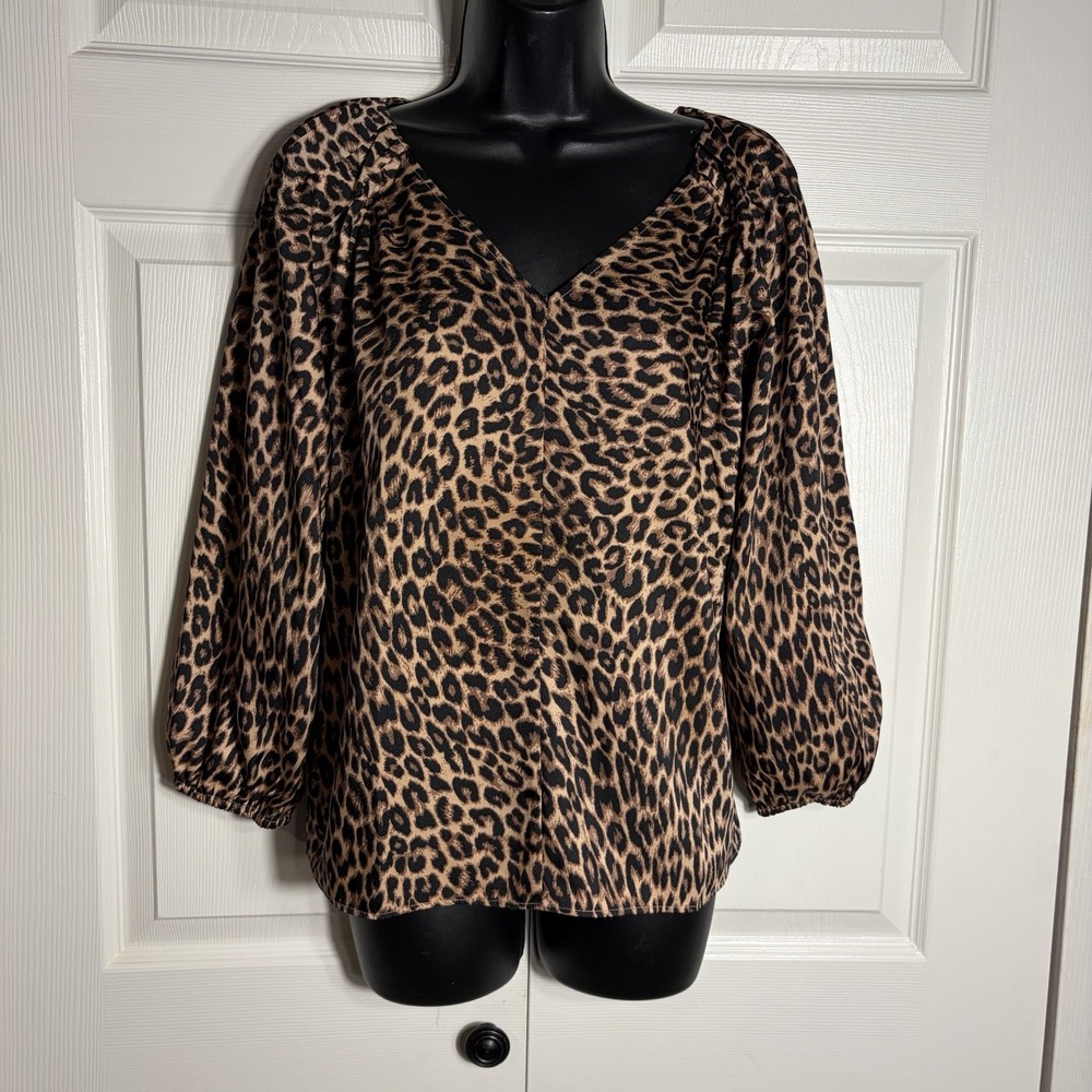 LOFT Leopard Animal Print Blouse Women XS Brown Satin Balloon Sleeve V Neck Top